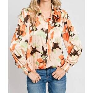 NEW ELLEBORN floral satin with smocked cuffs shirt in beige